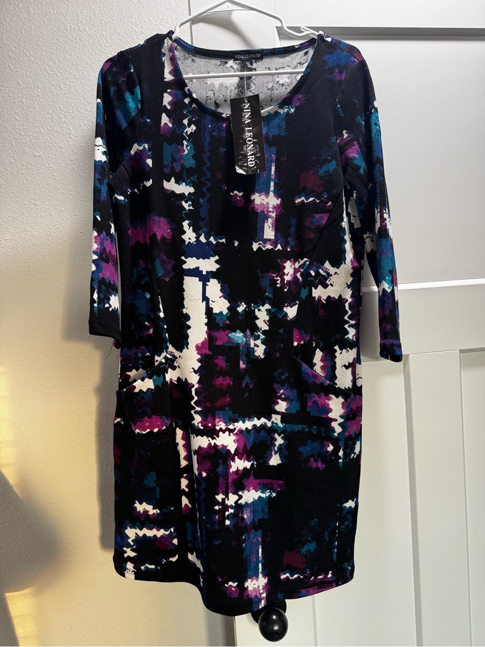 Nina Leonard Black Abstract Print Long-Sleeve Sheath Dress with Purple & Teal